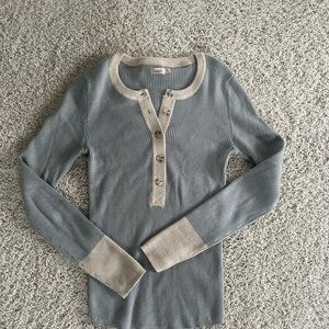 Fossil Blue Cream Long Sleeve Button Down Shirt with Polo Collar